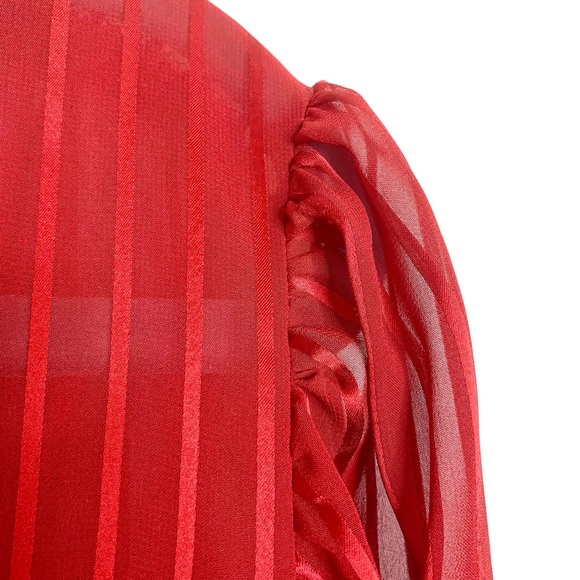 Vintage Red Blouse Sheer Pinstripe Ruffled Neck & Cuffs Christmas Valentine’s - Picture 5 of 11